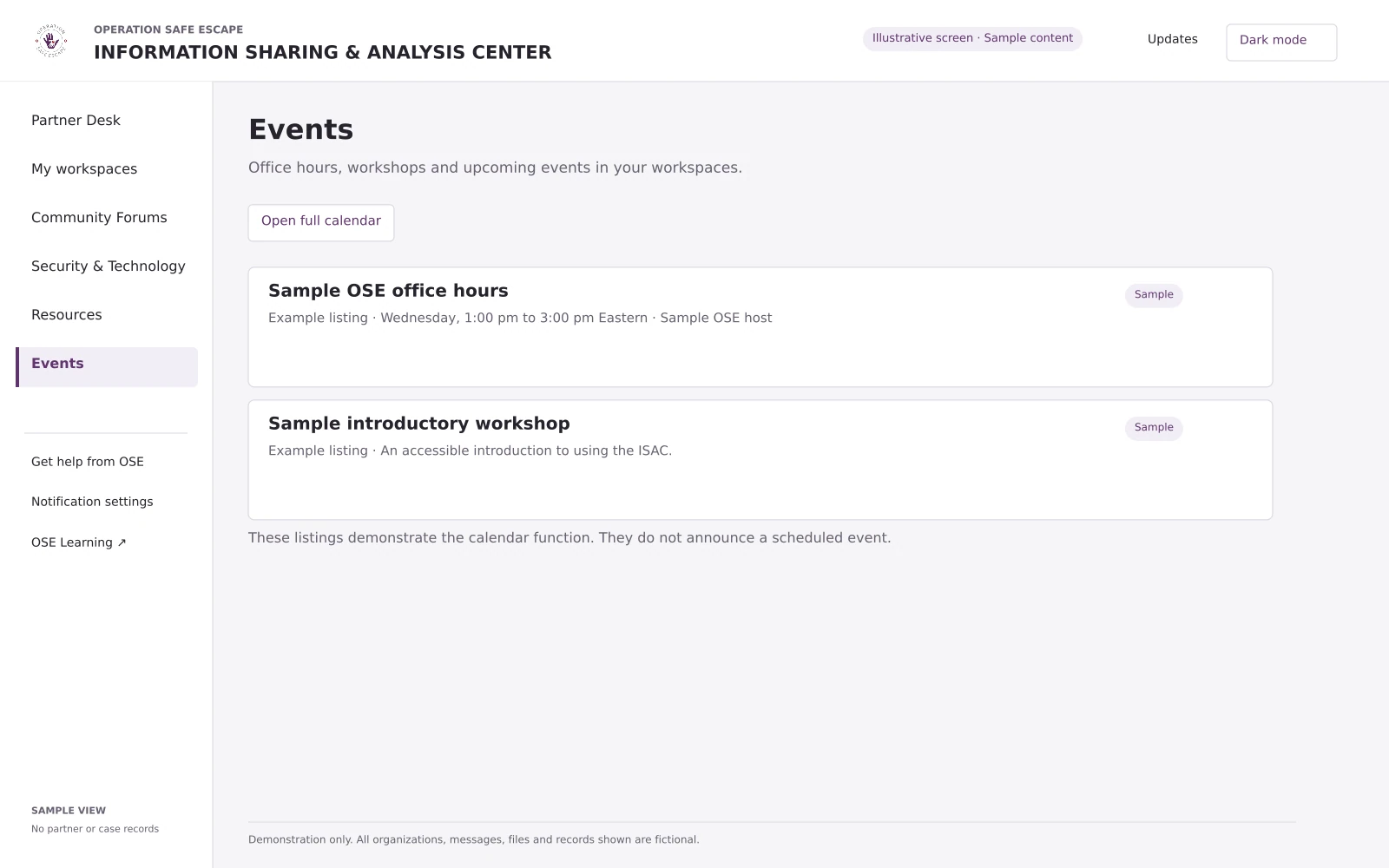 Illustrative events and office-hours listings