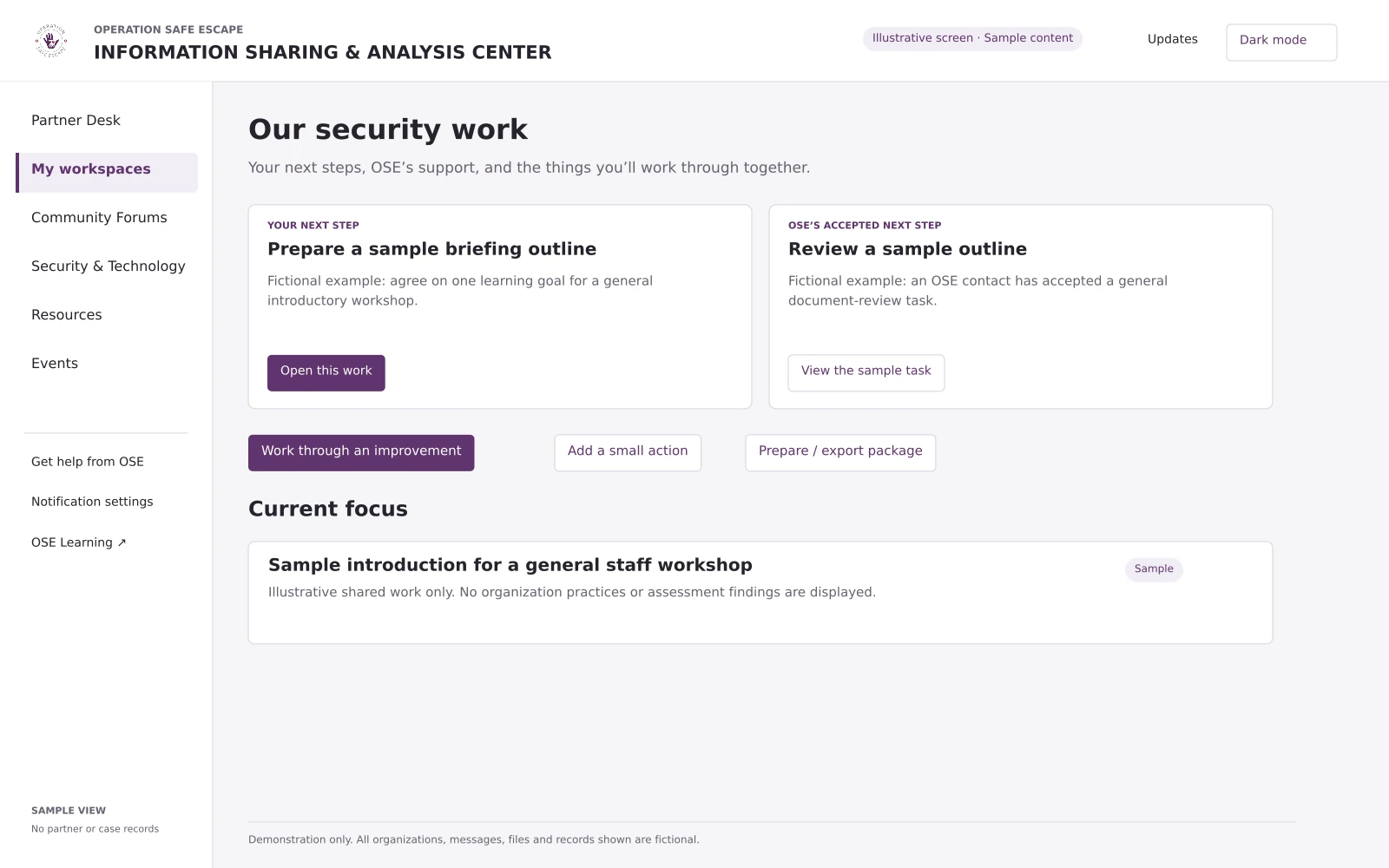 Illustrative shared security work plan with fictional content